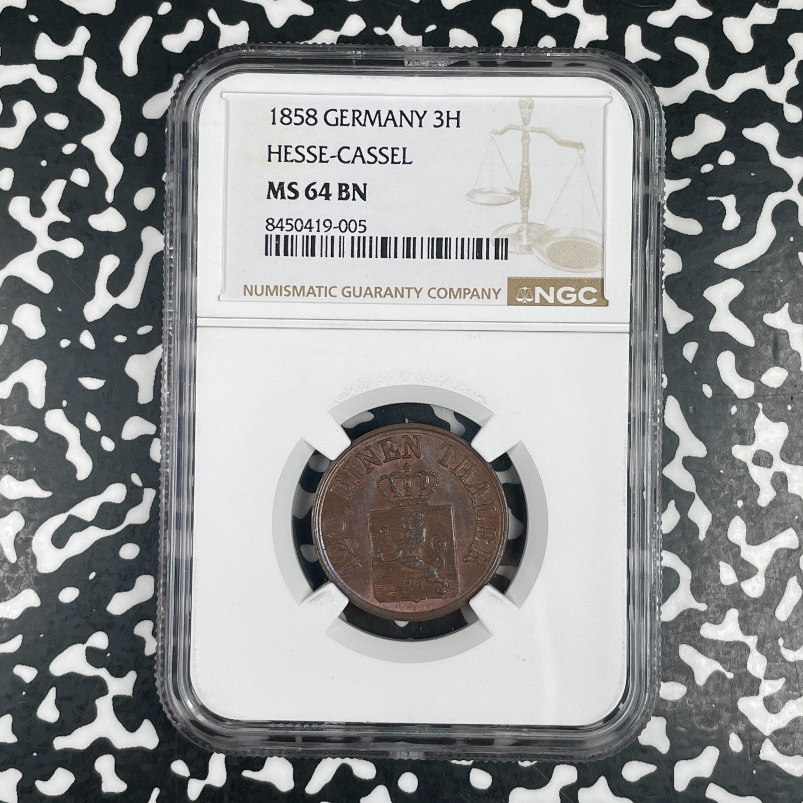 1858 Germany Hesse-Cassel 3 Heller NGC MS64BN Lot#G3738 Choice UNC!
