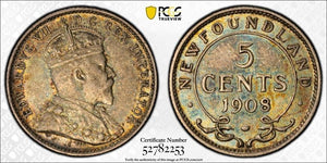 1908 Newfoundland 5 Cents PCGS AU58 Lot#G306 Silver!