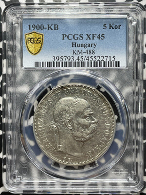 1900-KB Hungary 5 Korun PCGS XF45 Lot#G8761 Large Silver! KM#488