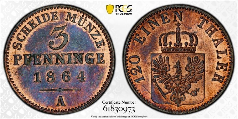 1864-A Germany Prussia 3 Pfennig PCGS MS64RB Lot#G3512 Choice UNC!