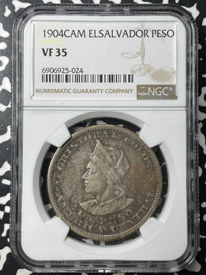 1904-CAM El Salvador Columbus 1 Peso NGC VF35 Lot#G8883 Large Silver!