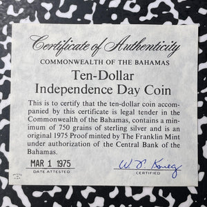 1975 Bahamas Independence Day $10 Dollars Lot#B2017 Silver! W/Box & COA