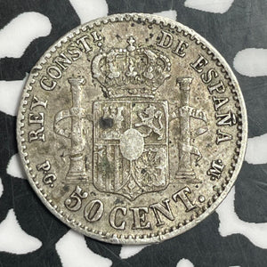 1892 Spain 50 Centimos Lot#T2644 Silver!