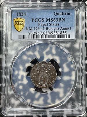 1824 Papal States Bologna 1 Quattrino PCGS MS63BN Lot#G8231 Top Graded!