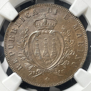 1869-M San Marino 5 Centesimi NGC MS62BN Lot#G8989 Nice UNC !