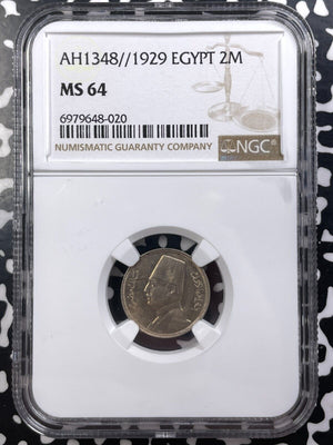 AH 1348 (1929) Egypt 2 Milliemes NGC MS64 Lot#G9095 Choice UNC!