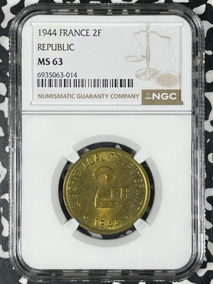 1944 France Allied Occupation 2 Francs NGC MS63 Lot#G9991 Choice UNC!