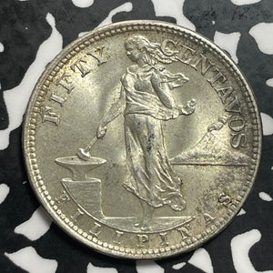 1944-S U.S. Philippines 50 Centavos Lot#E8550 Silver! High Grade! Beautiful!