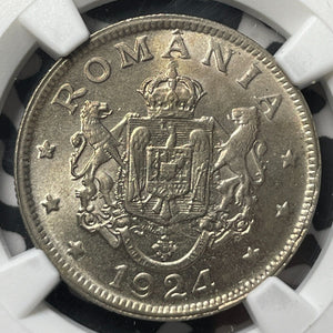 1924 Romania 2 Lei NGC MS64 Lot#G8428 Choice UNC! No Privy Marks