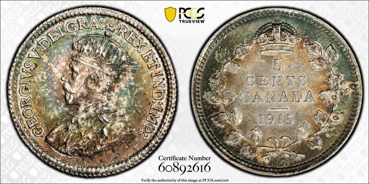 1915 Canada 5 Cents PCGS MS62 Lot#G2358 Silver! Nice UNC! Key Date!