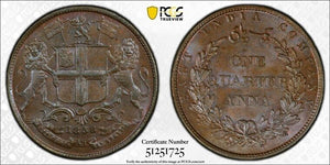 1858-H India 1/4 Anna PCGS MS64BN Lot#G9241 Beautiful Toning! Prid-156, SW-3.77