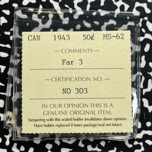 1943 Canada 50 Cents ICCS MS62 Lot#OV1608 Silver! Nice UNC! Far '3'