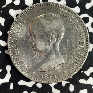 1891 Spain 5 Pesetas Lot#C1035 Large Silver! Cleaned