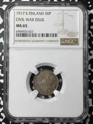 1917-S Finland Civil War Issue 50 Pennia NGC MS65 Lot#G8886 Silver! Gem BU!