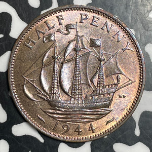 1944 Great Britain 1/2 Penny Half Penny Lot#T2900 High Grade! Beautiful!