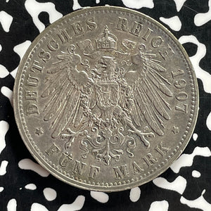 1907-F Germany Saxony 5 Mark Lot#JM9860 Large Silver! Nice!