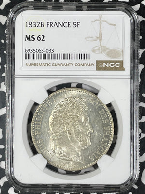 1832-B France 5 Francs NGC MS62 Lot#G010 Large Silver! Solo Top Graded!