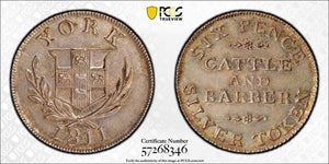 1811 G.B. Yorkshire Cattle & Barber 6 Pence Token PCGS MS62 Lot#G766 Silver!
