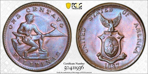 1937-M U.S. Philippines 1 Centavo PCGS MS64BN Lot#G8644 Beautiful Toning!