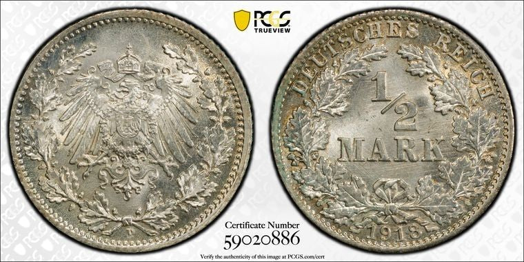 1918-D Germany 1/2 Mark PCGS MS67 Lot#G4051 Silver! Gem BU! J-16