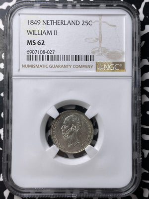 1849 Netherlands 25 Cents NGC MS62 Lot#G9057 Silver! Nice UNC!