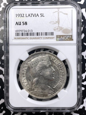 1932 Latvia 5 Lati NGC AU58 Lot#G9133 Large Silver!