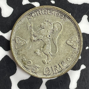 1909 Norway 25 Ore Lot#T8124 Silver! Nice!