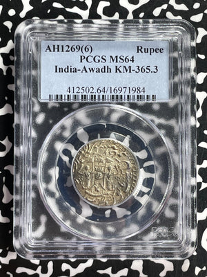 AH 1269 Year 6 (1853) India Awadh 1 Rupee PCGS MS64 Lot#G933 Silver! Choice UNC!