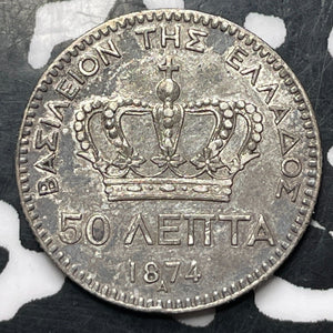 1874 Greece 50 Lepta Lot#JM8480 Silver! Nice!