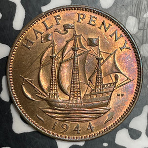 1944 Great Britain 1/2 Penny Half Penny Lot#T3453 High Grade! Beautiful!