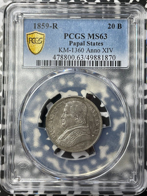 1859-R Papal States 20 Baiocchi PCGS MS63 Lot#G8187 Silver! Choice UNC! KM#1360