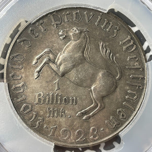 1923 Germany Westphalia 1 Billion Mark Notgeld PCGS AU58 Lot#GV7990 Silver!