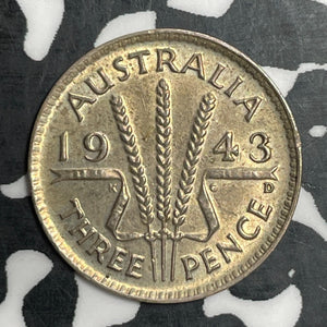 1943-D Australia 3 Pence Threepence Lot#T2803 Silver! High Grade! Beautiful!