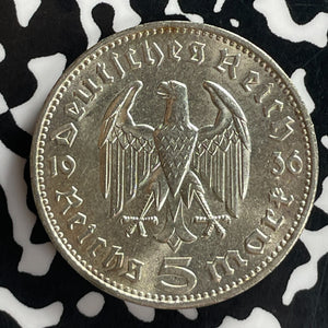 1936-F Germany 5 Mark Lot#T7751 Silver! High Grade! Beautiful! KM#86