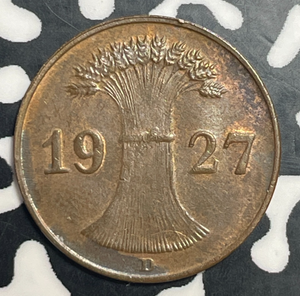 1927-D Germany 1 Pfennig Lot#T4029 High Grade! Beautiful!