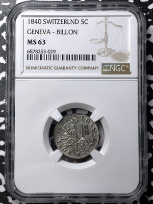 1840 Switzerland Geneva 5 Centimes NGC MS63 Lot#G7238 Choice UNC!