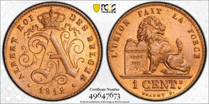 1912 Belgium 1 Centime PCGS MS66RD Lot#G1077 Gem BU! Top Graded! KM#76