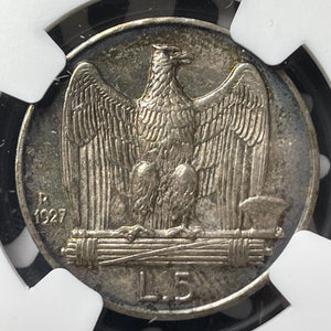 1927-R Italy 5 Lire NGC MS63 Lot#G9034 Silver! Choice UNC! Edge 'Fert'