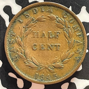 1845 Straits Settlements 1/2 Cent Half Cent Lot#T4760