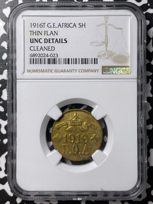 1916-T German East Africa 5 Heller NGC Cleaned-UNC Details Lot#G7599 Thin Flan