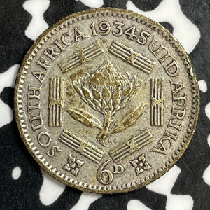 1934 South Africa 6 Pence Sixpence Lot#E5467 Silver!