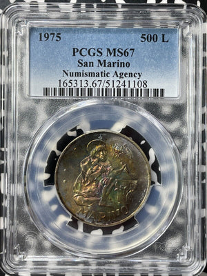 1975 San Marino 500 Lire PCGS MS67 Lot#G9280 Silver! Gem BU! Beautiful Toning!