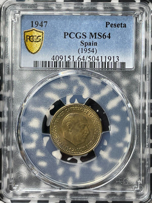 1947 (1954) Spain 1 Peseta PCGS MS64 Lot#G8664 Choice UNC!