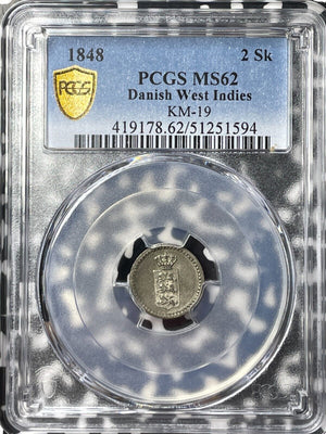 1848 Danish West Indies 2 Skilling PCGS MS62 Lot#G9183 Silver! Nice UNC! KM#19