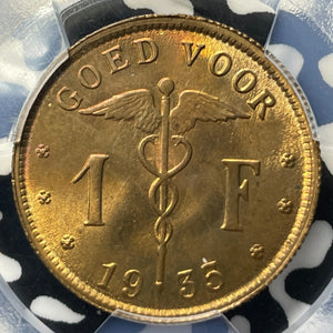 1935 Belgium 1 Franc Pattern PCGS SP65RB Lot#G9320 Top Graded! KM#Pn344