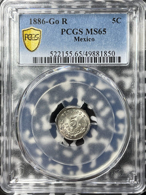 1886-Go R Mexico 5 Centavos PCGS MS65 Lot#G8227 Silver! Gem BU!