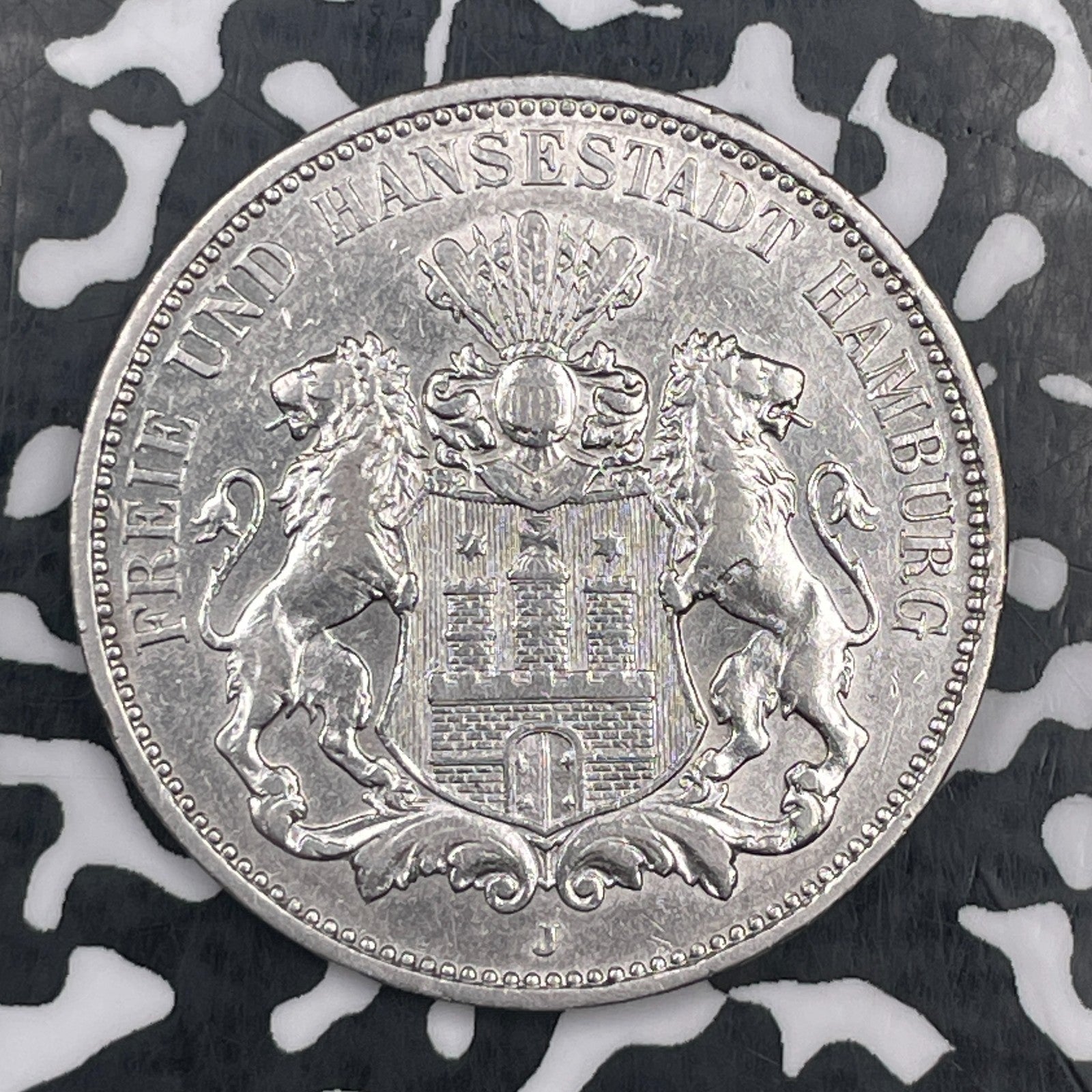 1908-J Germany Hamburg 3 Mark Lot#JM1935 Silver! Nice!