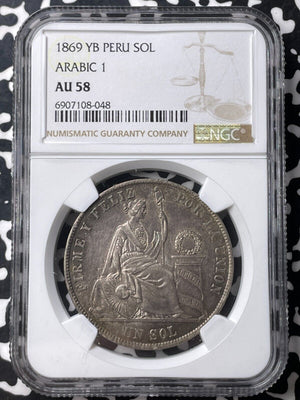 1869-YB Peru 1 Sol NGC AU58 Lot#G9015 Large Silver! Arabic '1'