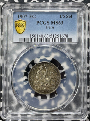 1907-FG Peru 1/5 Sol PCGS MS63 Lot#G9334 Silver! Choice UNC!