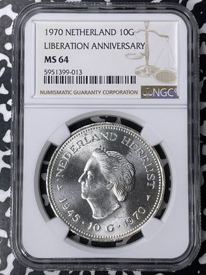 1970 Netherlands Liberation Anniversary 10 Gulden NGC MS64 Lot#MK116 Silver!